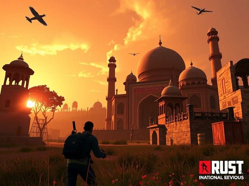 Rust gameplay screenshot showing a player building a base in a forest