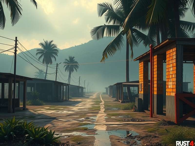 A dramatic Rust landscape at sunset showing a player-built base on a cliff