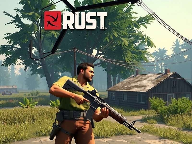 A player in Rust looking at a sunrise over a forest, holding a rock, with a small starter shelter in the background.