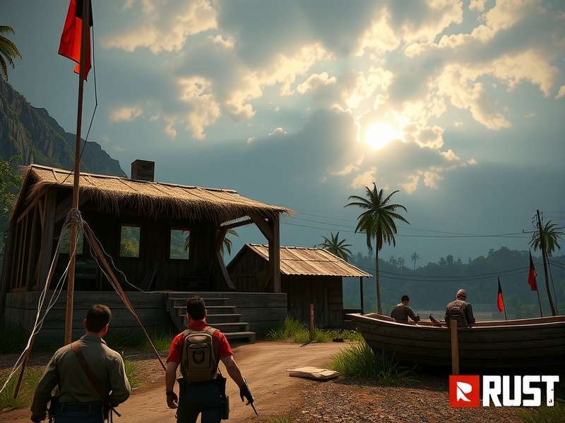 Rust PC raid scene with explosions and base destruction