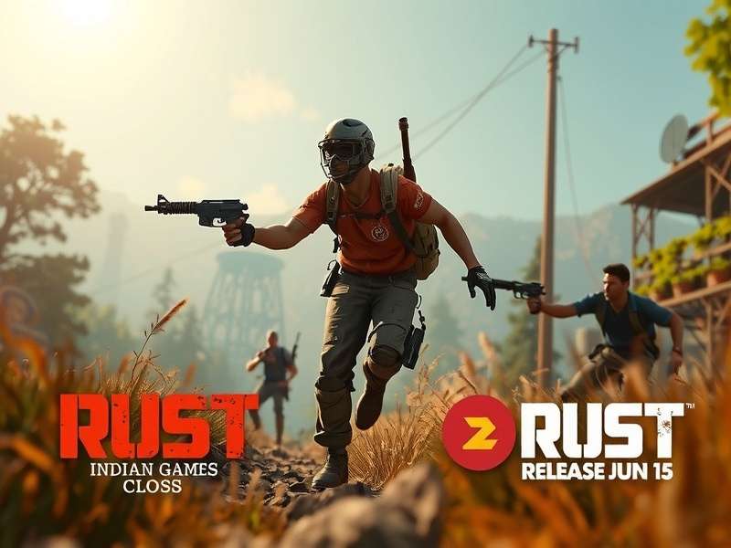 Rust game screenshot showing a player in a survival base at sunset