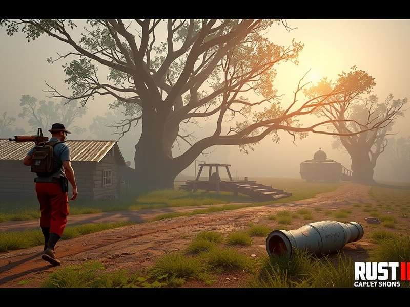 Rust player building a small starter base in a forest at night