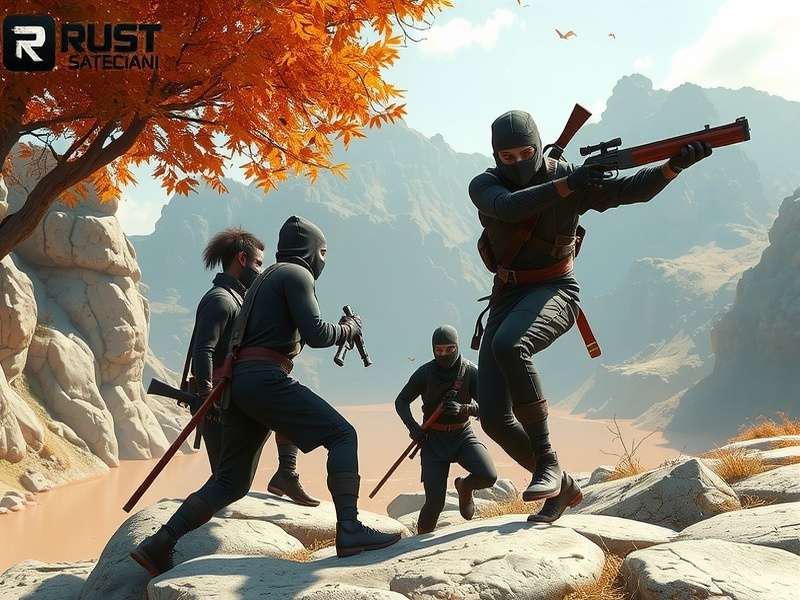 A player wearing the Ninja Suit sneaking past a heavily armed group in Rust