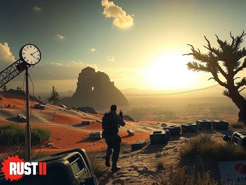 A tense scene from Rust Jeu showing players in a fortified base at dusk