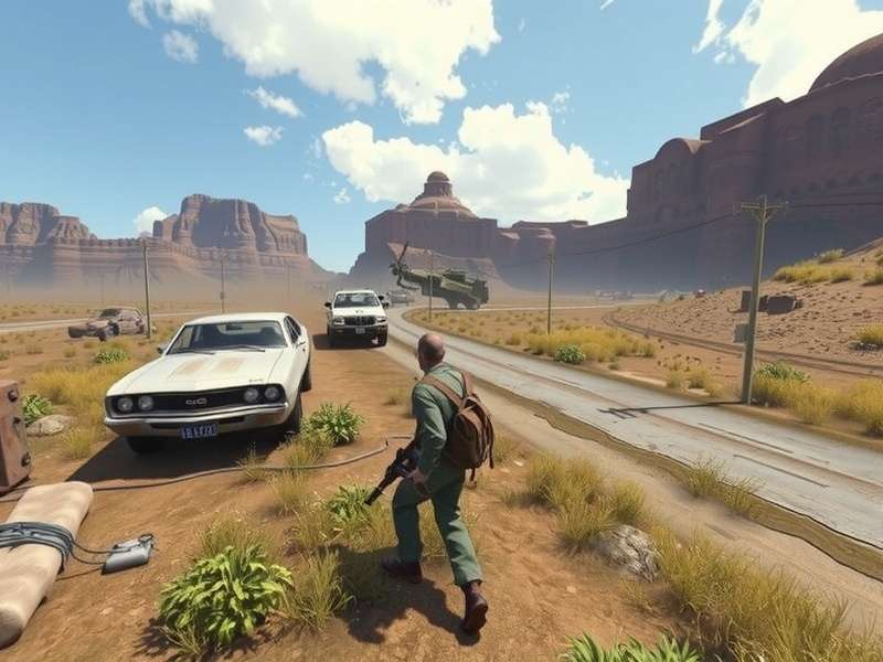 A dynamic Rust gameplay scene showing a player overlooking a massive compound at sunset