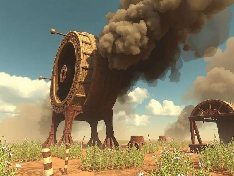 A player's view of a Rust landscape at dawn, showing a base in the distance