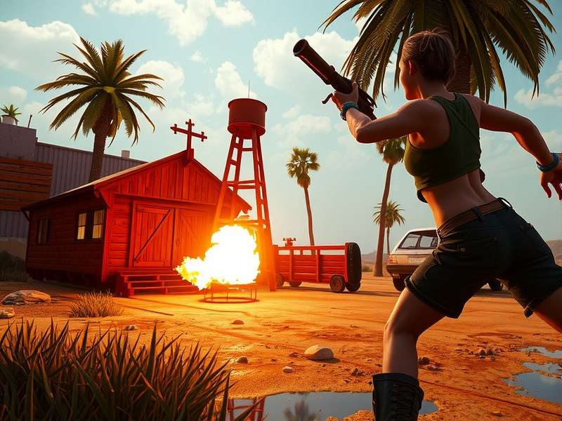 Rust gameplay scene showing a player in a desert environment with a base in the background