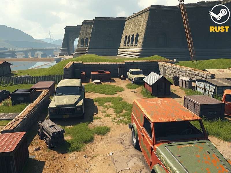 Rust game landscape with industrial structures and players