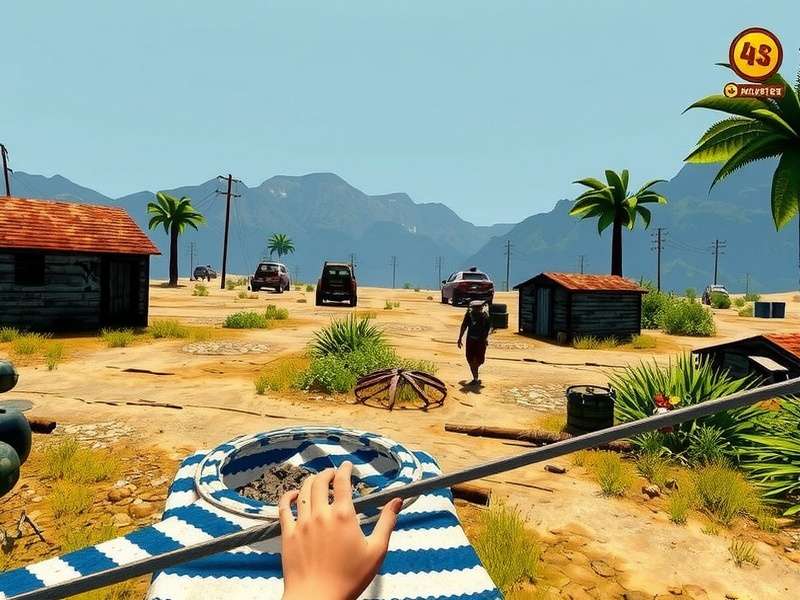 Rust gameplay scene showing a player in a desert environment with a base in the distance