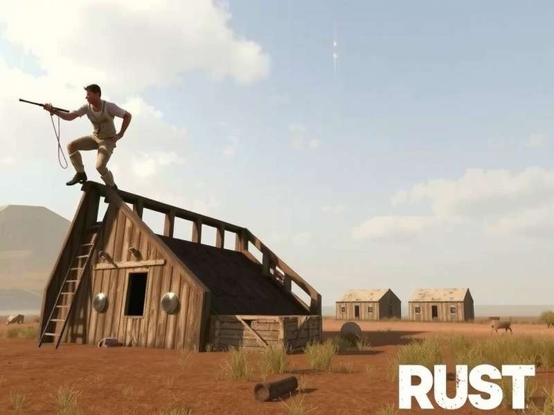 Rust gameplay progression from primitive stone tools to high-tech assault rifles and base interiors