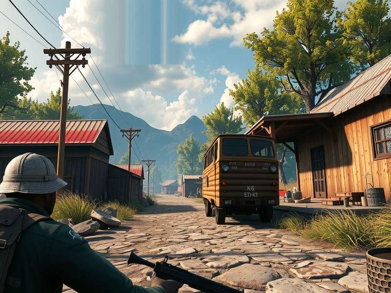 Rust PvP action scene depicting a player in makeshift armor engaging in combat near a wooden base