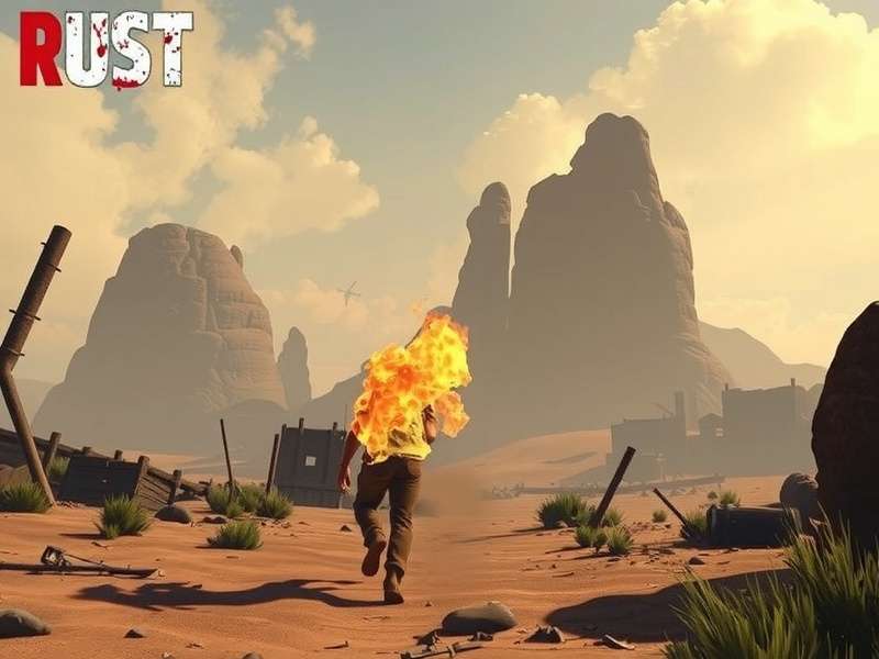 Rust gameplay screenshot showing a player base and the harsh wilderness