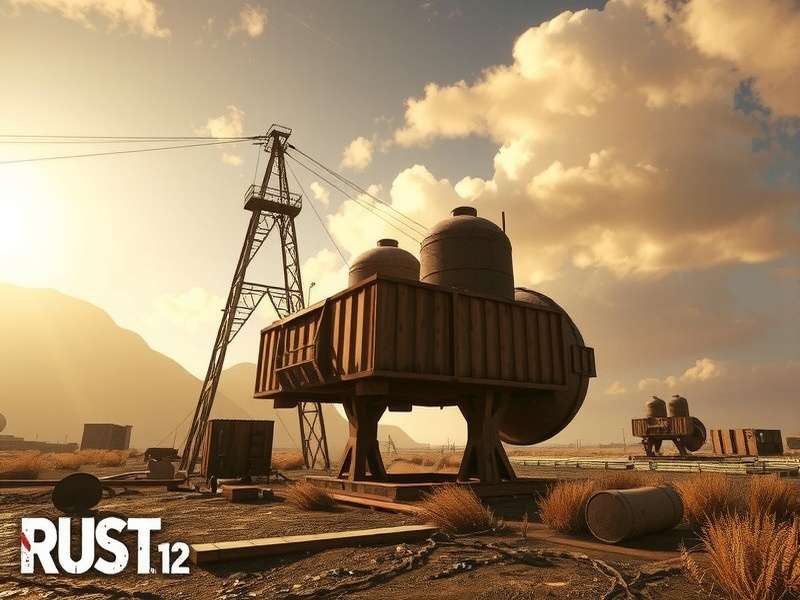 Rust PC gameplay showing a raiding party approaching a massive stone base at dawn