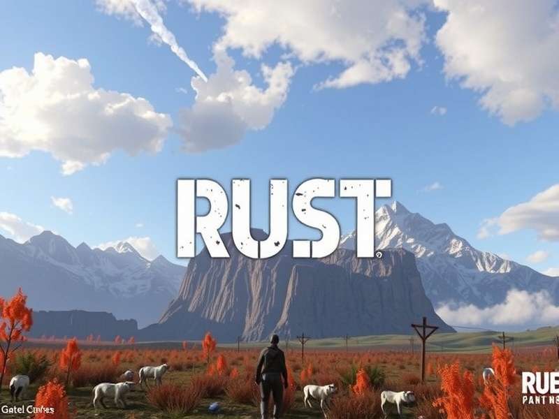 Rust Game PC release date banner showing survivor with gear and base building