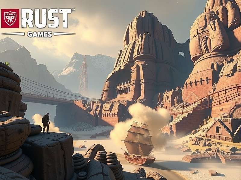 Rust Game 2025 survival gameplay scene with base building and landscape