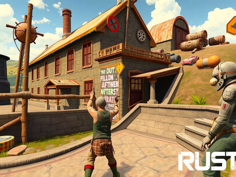 Rust game open-world survival scene with bases and wilderness