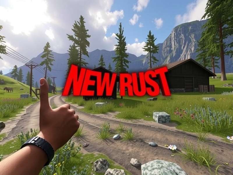 Rust game survival scene with base building and sunset landscape