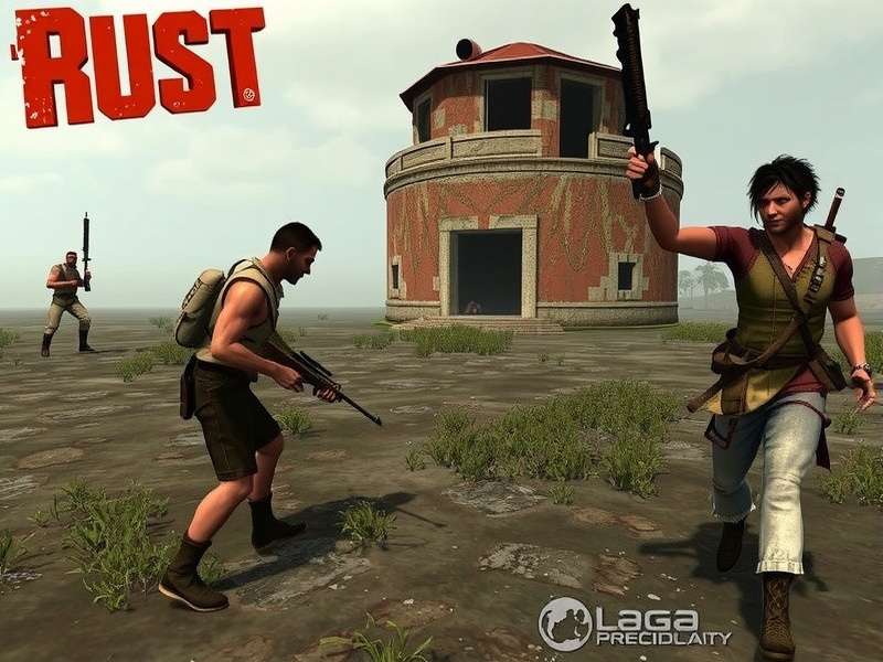 Capture d'écran du gameplay de Rust — base fortifiée et joueurs en action