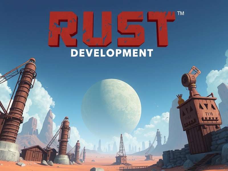 Rust Game Development banner showing code editor, game assets, and Rust logo