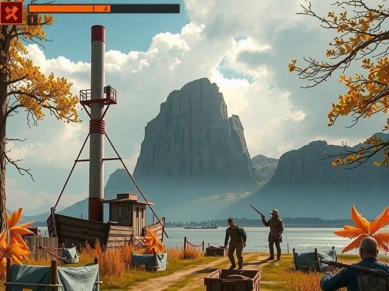 Rust Game landscape showing a base near a monument with armed players