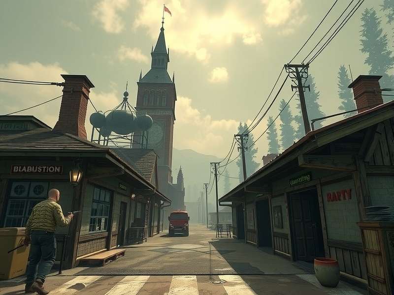 Rust Game Place — expansive view of a Rust wasteland with a fortified base at sunset, symbolising survival and strategy.